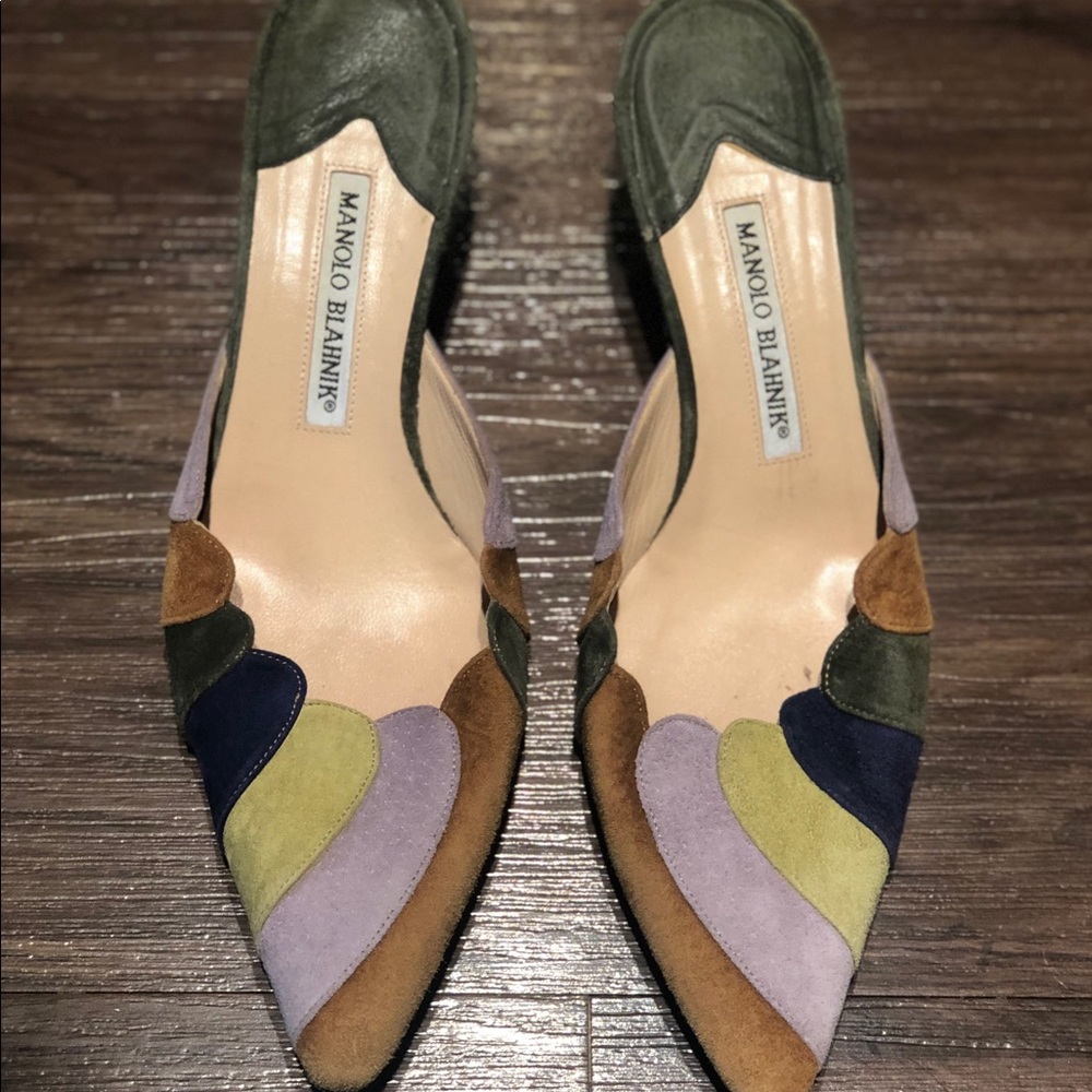 Manolo Blahnik Multicolor Suede Kitten Heel Mules - Picture 2 of 4